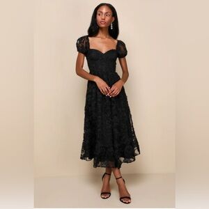 Lulus notable elegance black mesh, appliqué midi dress